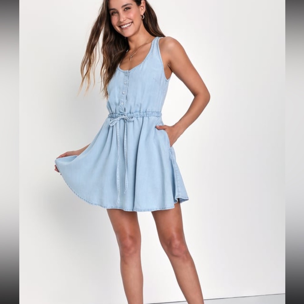 Charming Presence Light Blue Chambray Mini Dress With Pockets M